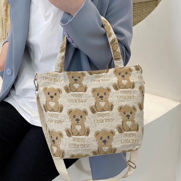 

Cartoon Bear Print Top Handle Tote Bag, Beige