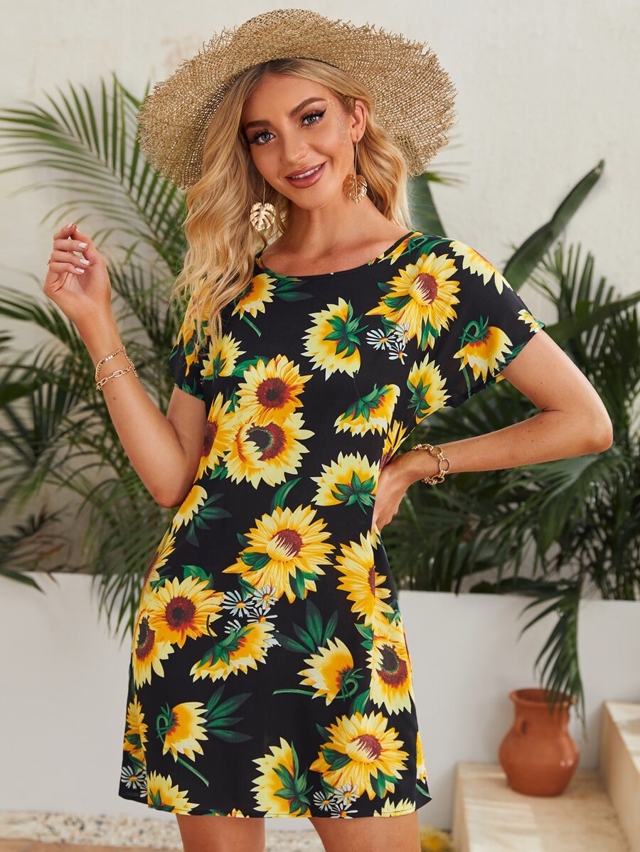 SHEIN Sunflower Print Dress - Multicolor - View 1
