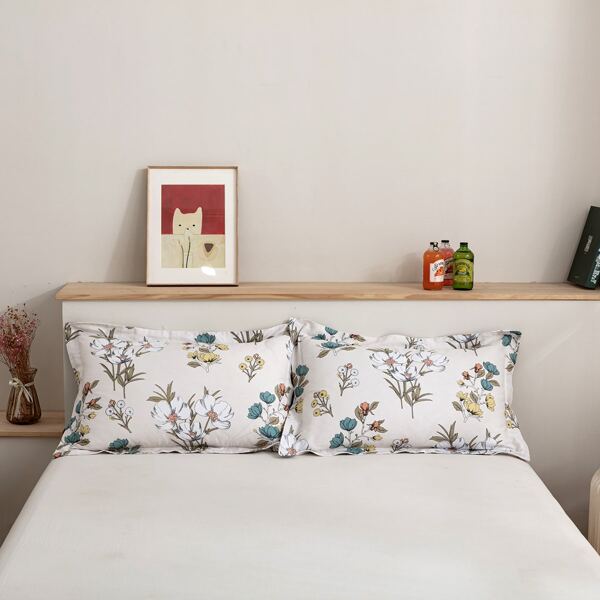 

1pair Flower Print Pillowcase Without Filler, Beige