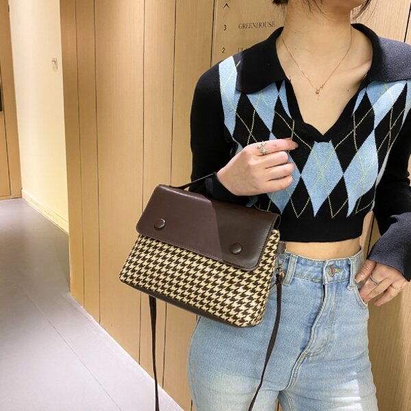 

Houndstooth Pattern Satchel Bag, Coffee brown