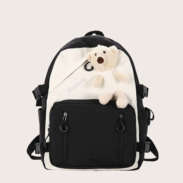 

Two Tone Cartoon Bear Decor Backpack, Black and white