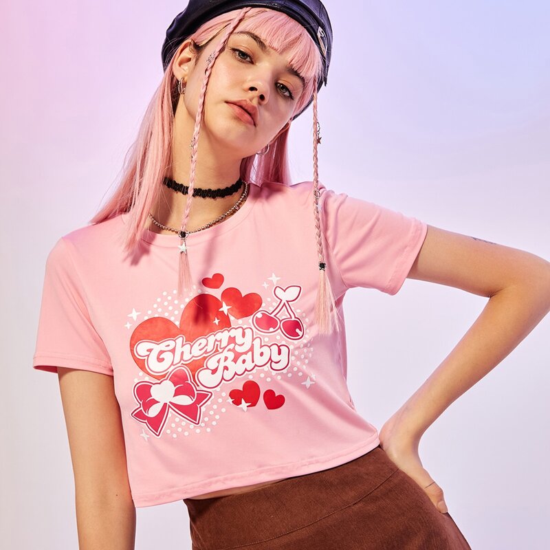 

Letter Cherry Graphic Crop Tee, Pink