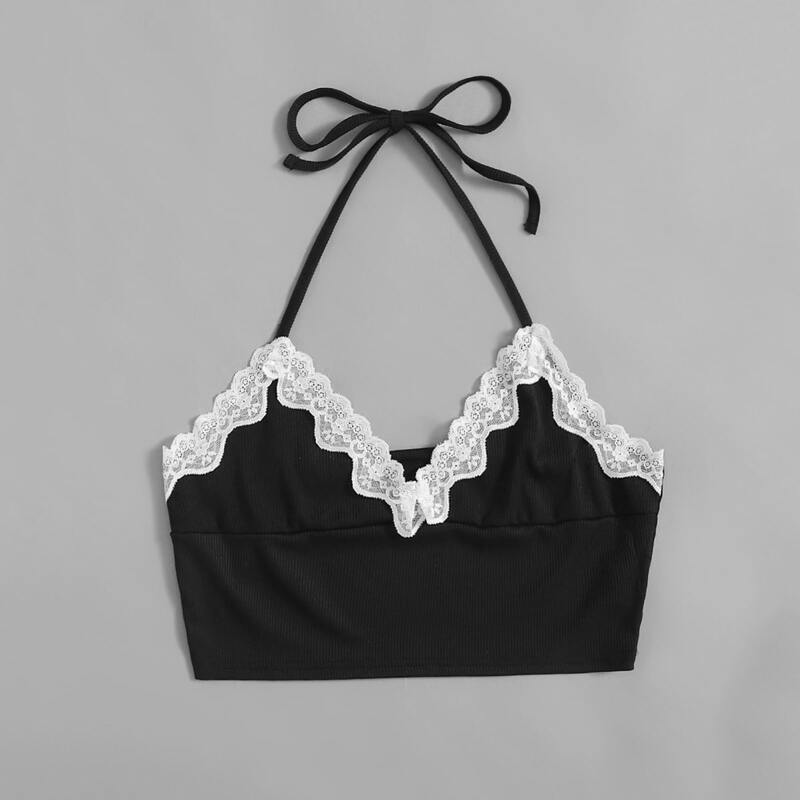 

Lace Insert Crop Halter Top, Black