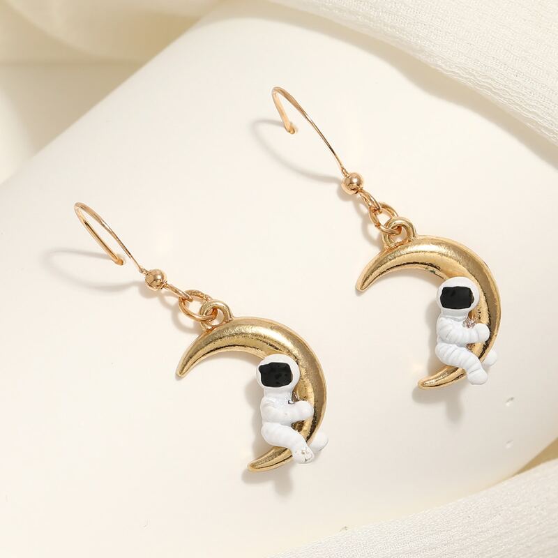 

Astronaut & Moon Design Drop Earrings, Gold