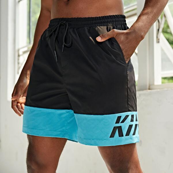 

Men Drawstring Waist Letter Graphic Colorblock Shorts, Black