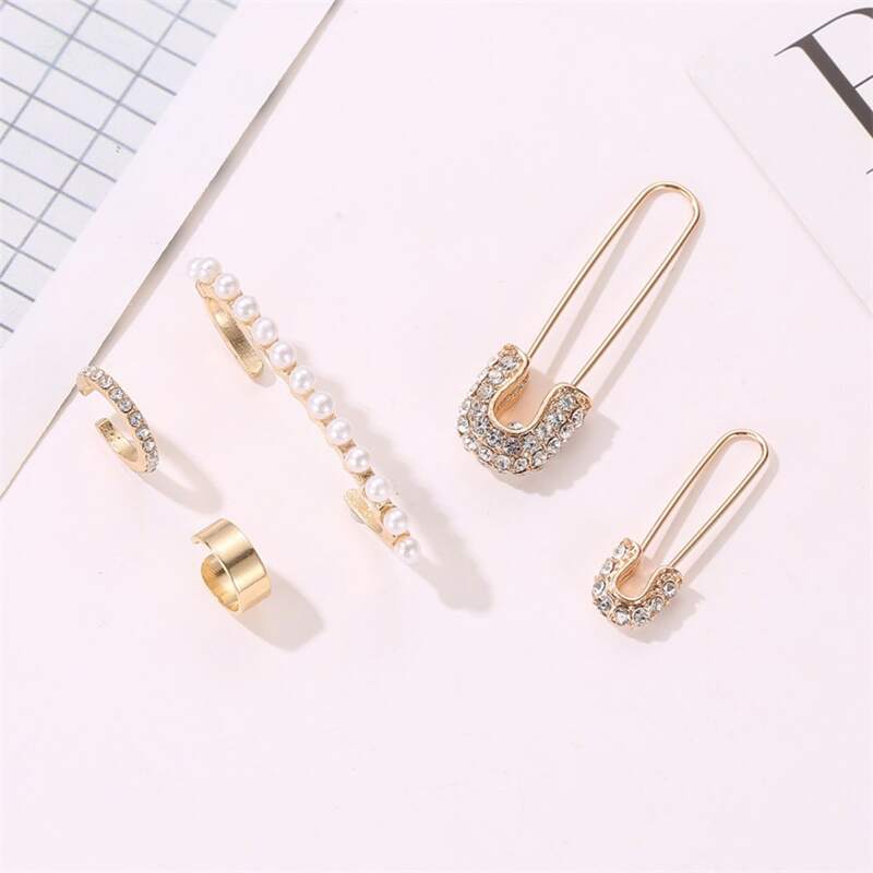 

5pcs Rhinestone Decor Earrings, Gold