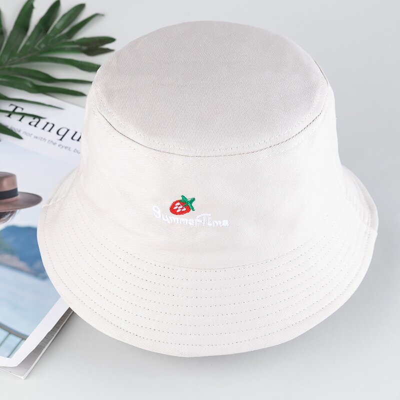 

Strawberry Embroidery Bucket Hat, Beige
