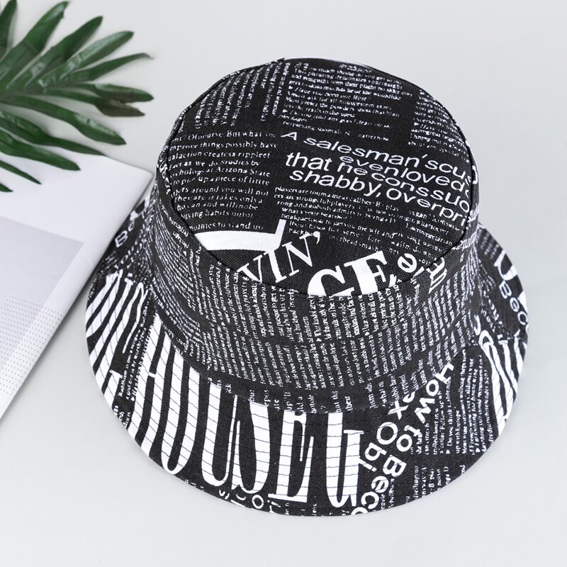 

Letter Print Bucket Hat, Black and white