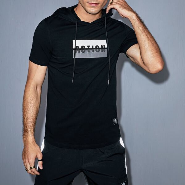 

Men Letter Graphic Hooded Tee, Black