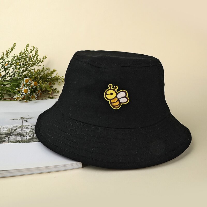 Bee Embroidered Bucket Hat, Black