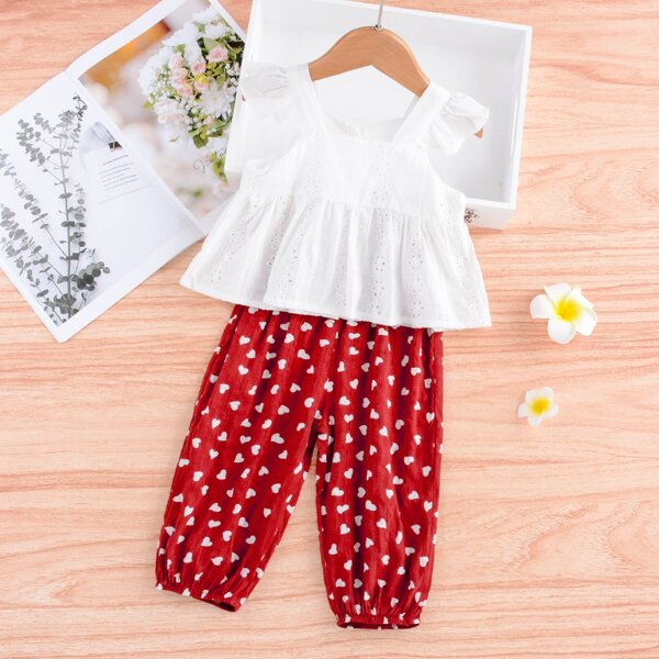 

Toddler Girls Eyelet Embroidery Cami Top With Heart Pants, Red and white
