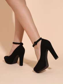 McKoine Minimalist Platform Ankle Strap Chunky Pumps - Black - View 2