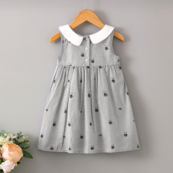

Toddler Girls Doll Collar Toy Bear And Striped Print Dress, Grey