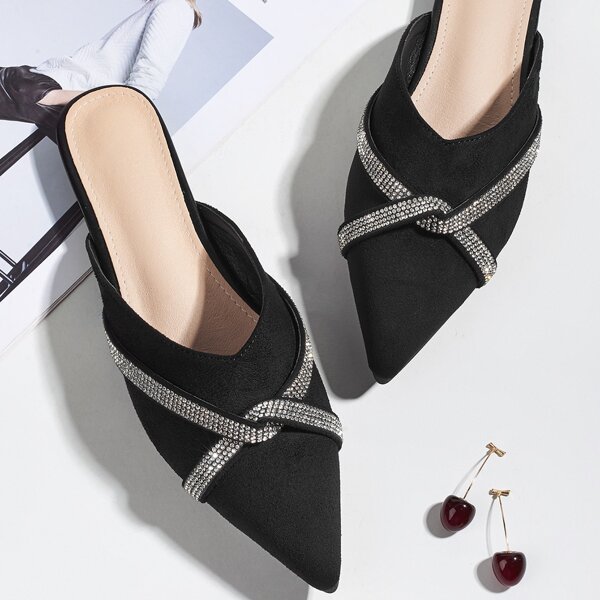 

Rhinestone Decor Flat Mules, Black