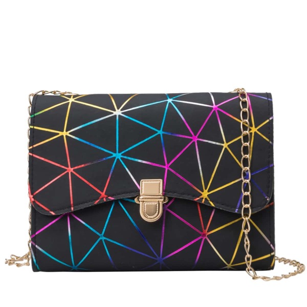 

Geometric Graphic Push Lock Chain Bag, Black