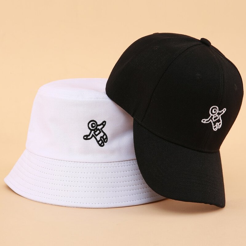

2pack Astronaut Embroidery Bucket Hat & Baseball Cap, Black and white