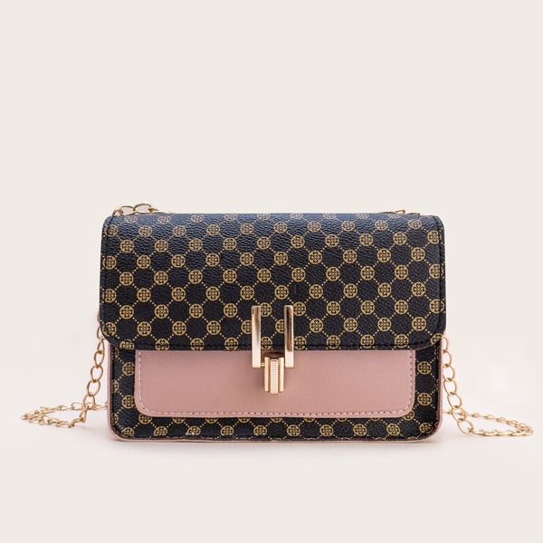 

Geometric Graphic Flap Chain Bag, Pink