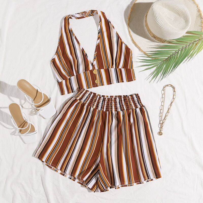 

Striped Halter Top & Shirred Shorts Set, Multicolor
