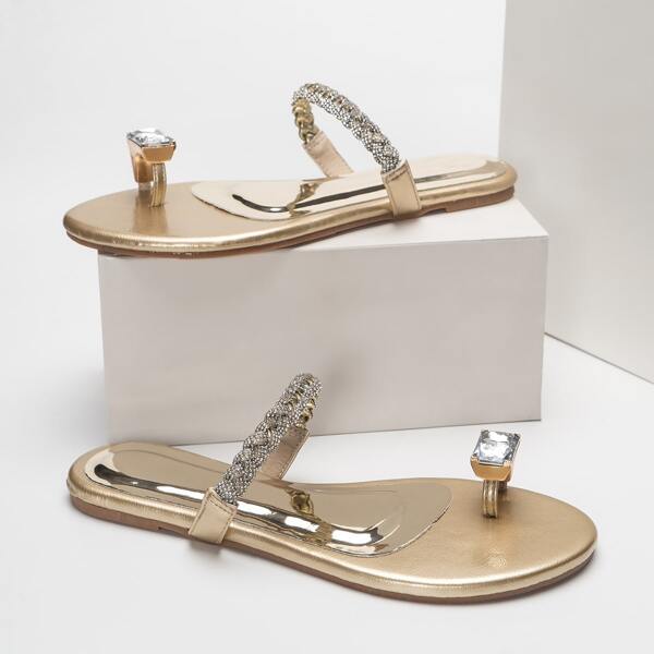 

Metallic Rhinestone Decor Thong Sandals, Gold