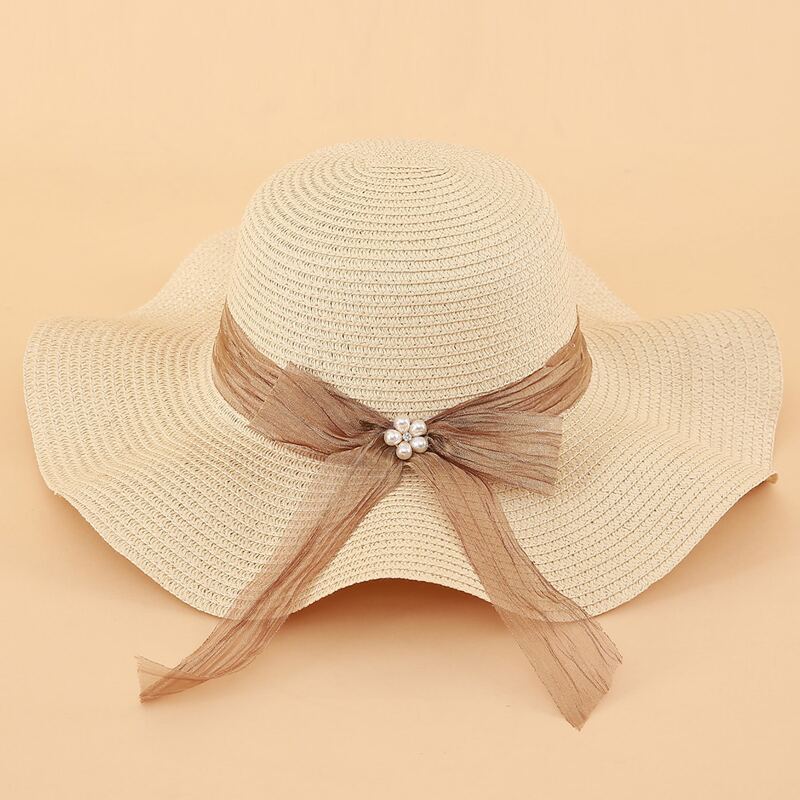 

Faux Pearl Decor Straw Hat, Beige