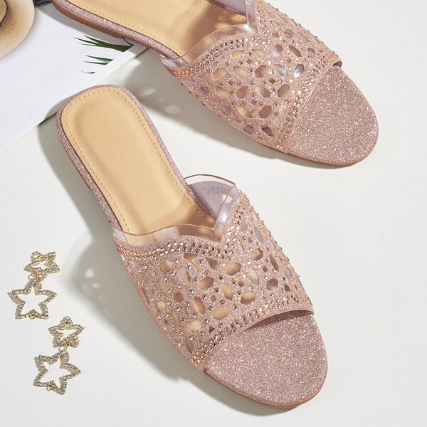 

Glitter Decor Hollow Out Slide Sandals, Champagne