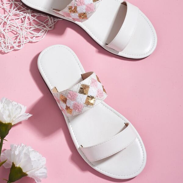 

Sequins Decor Color Block Slide Sandals, White
