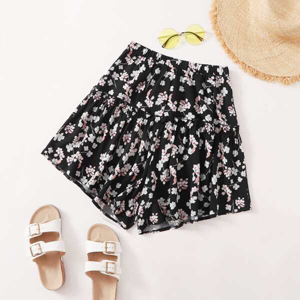

Ditsy Floral Elastic Waist Shorts, Black