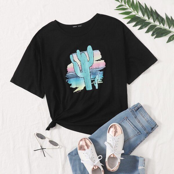 

Cartoon Graphic Round Neck Tee, Black