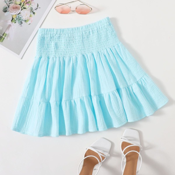 

Solid Shirred Waist Skirt, Mint blue