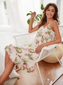 植物圖案荷葉邊下擺吊帶洋裝 - 杏色 - 查看 1