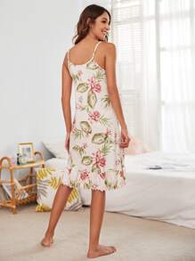 植物圖案荷葉邊下擺吊帶洋裝 - 杏色 - 查看 2