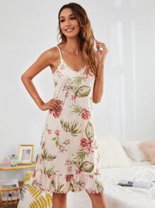 植物圖案荷葉邊下擺吊帶洋裝 - 杏色 - 查看 3