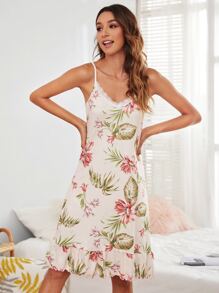 植物圖案荷葉邊下擺吊帶洋裝 - 杏色 - 查看 4