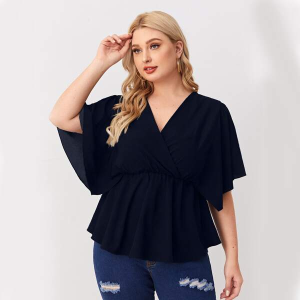 

Plus Surplice Neck Peplum Blouse, Navy blue