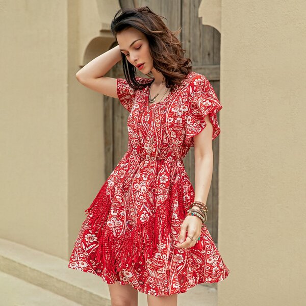 

Butterfly Sleeve Floral Dress Without Belt, Red and white