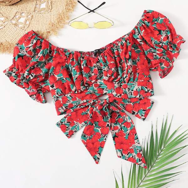 

Tied Hem Puff Sleeve Crop Top, Multicolor