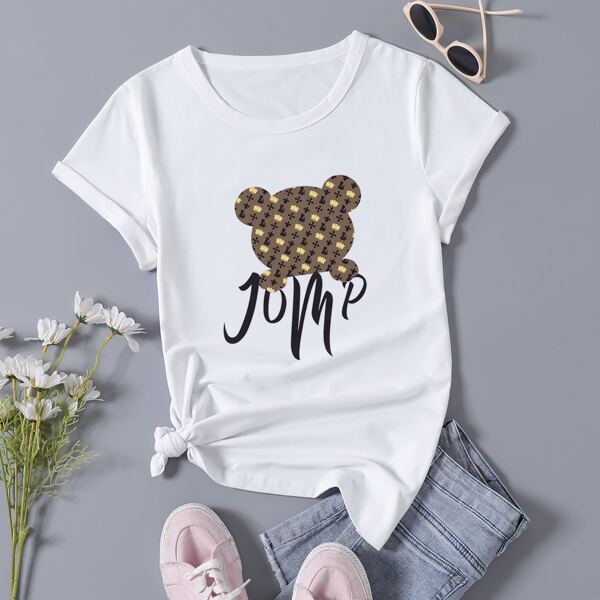

Cartoon Bear & Letter Graphic Tee, White
