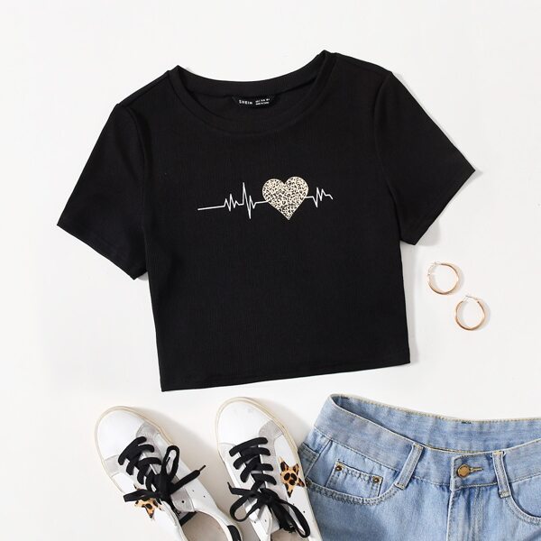 

Heart Print Crop Tee, Black