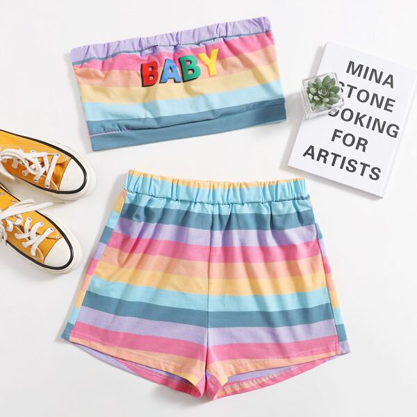 

Letter Rainbow Striped Tube Top & Shorts Set, Multicolor