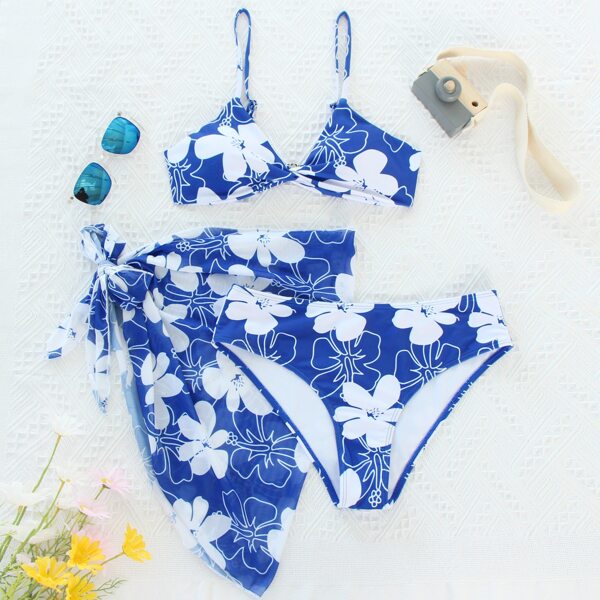 

3pack Floral Twist Bikini Swimsuit & Beach Skirt, Blue and white