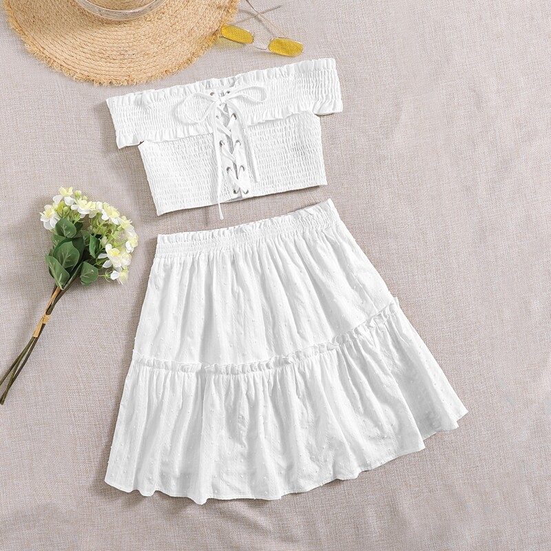 

Solid Off Shoulder Lace Up Front Top & Skirt Set, White