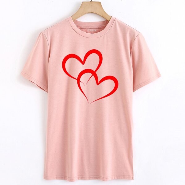 

Heart Print Drop Shoulder Tee, Coral pink