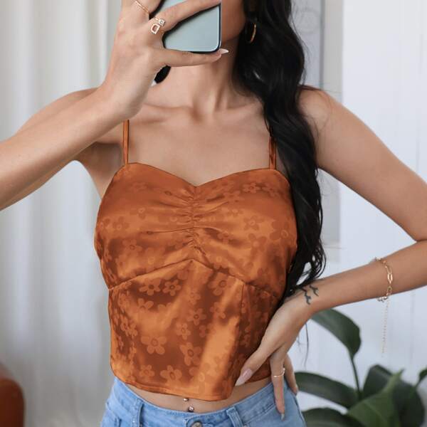 

Satin Floral Jacquard Ruched Front Cami Top, Burnt orange