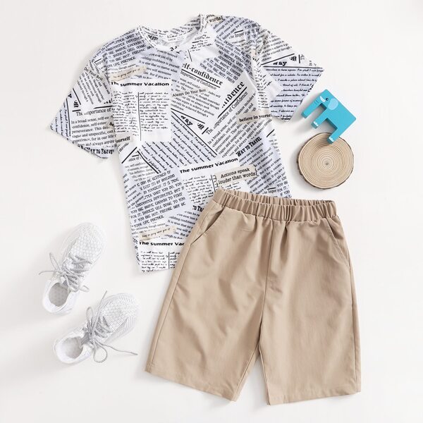 

Boys Newspaper Print Tee & Slant Pocket Shorts Set, Multicolor