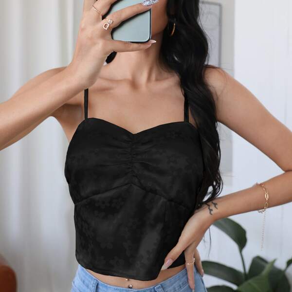 

Satin Floral Jacquard Ruched Front Cami Top, Black