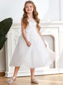 EVERPRETTY Rhinestone Appliques Mesh Flower Girl Dress - White - View 3