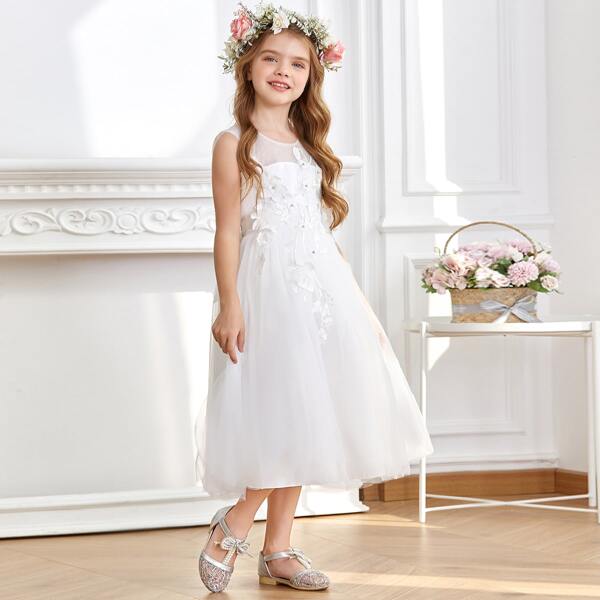 

Girls Floral Applique Detail Tie Back Gown Dress, White