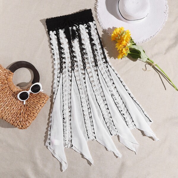

Two Tone Asymmetrical Cover Up Skirt, Black and white