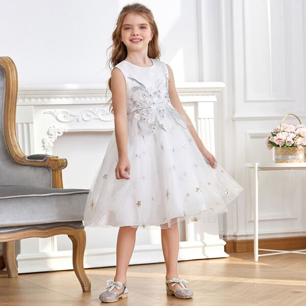

Girls Floral Applique Detail Gown Dress, White