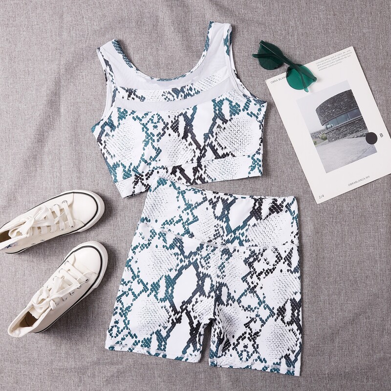 

Snakeskin Print Mesh Panel Sports Set, Multicolor